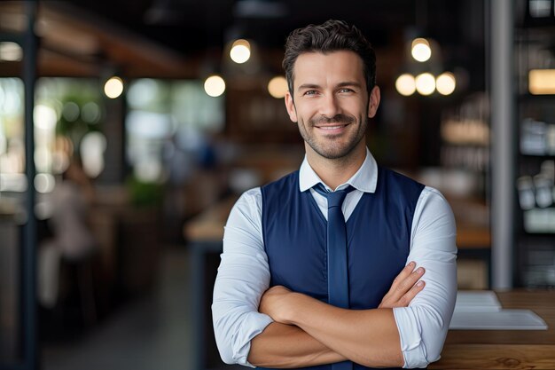 Retrato de um pequeno empresário bem-sucedido, orgulhoso e olhando para a câmera