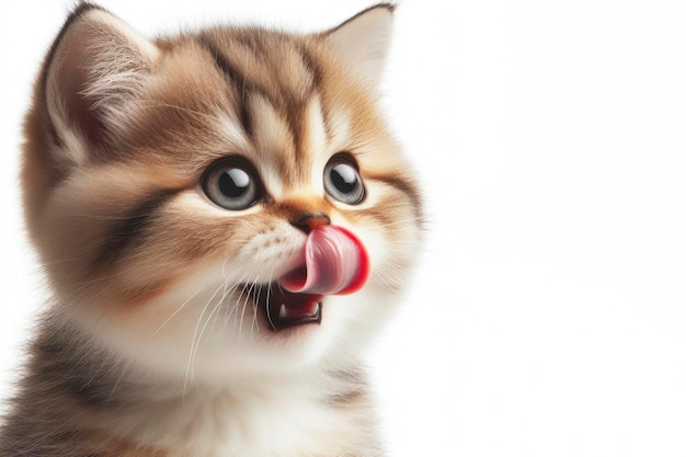 Retrato de um pequeno gato com fome lambendo os lábios com a língua Isolado em fundo branco ai generativo