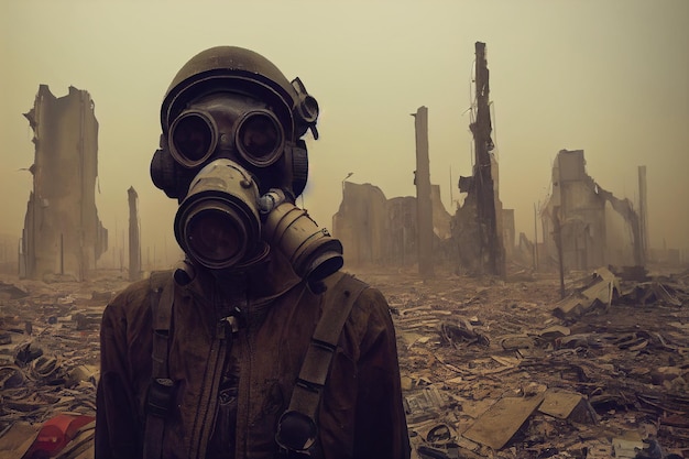 Retrato de um perseguidor em hazmat e usando uma máscara de gás velha contra um fundo apocalíptico