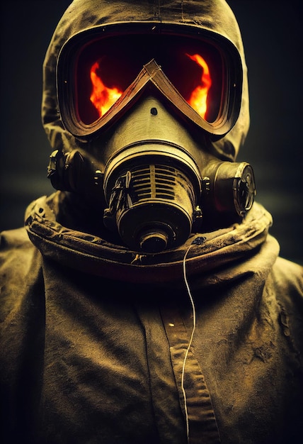 Retrato de um perseguidor em hazmat e usando uma máscara de gás velha contra um fundo apocalíptico