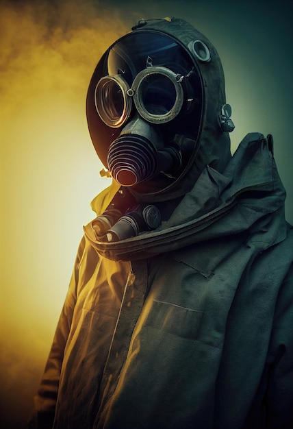 Retrato de um perseguidor em hazmat e usando uma máscara de gás velha contra um fundo apocalíptico