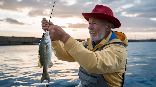 Retrato de um pescador feliz vestindo um chapéu vermelho, uma jaqueta amarela e um macacão olhando com prazer