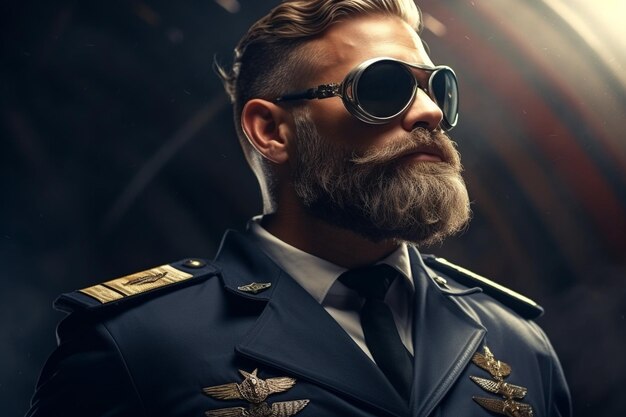 Foto retrato de um piloto barbudo em uniforme no fundo de um avião ai gerado