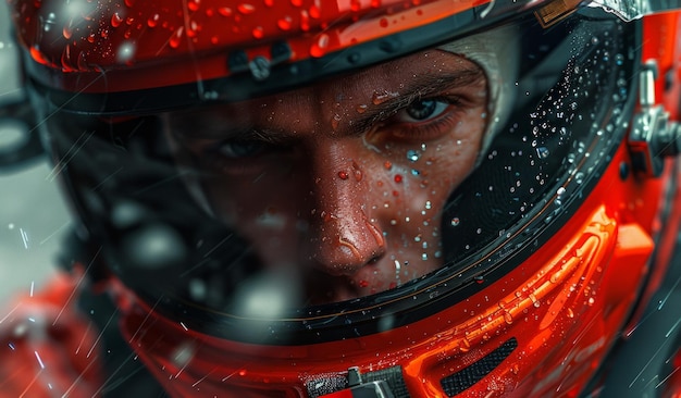 Retrato de um piloto de corrida com capacete vermelho em fundo preto