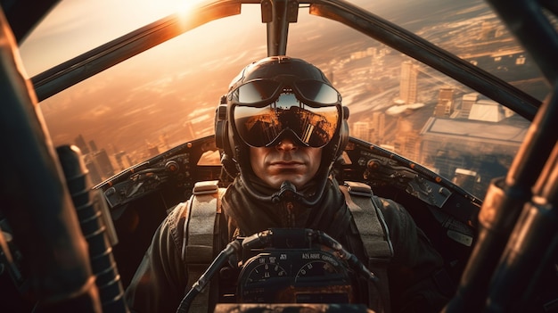 Foto retrato de um piloto em um avião de combate gerado por uma rede neural de ia