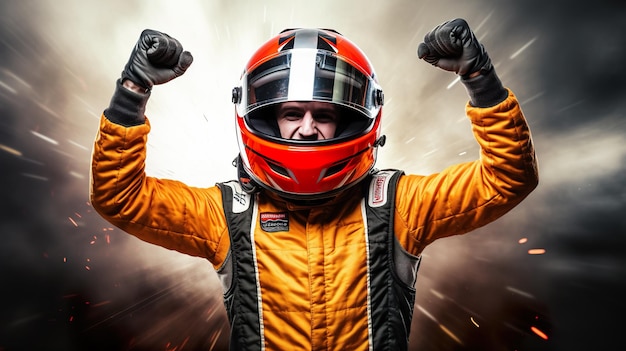 Retrato de um piloto em um capacete e luvas em um fundo ardente comemorando a vitória na corrida