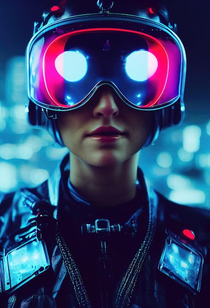 Retrato de um piloto feminino futurista fictício em um capacete de aviação e terno de piloto.