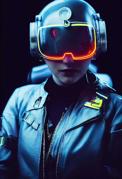 Retrato de um piloto feminino futurista fictício em um capacete de aviação e terno de piloto