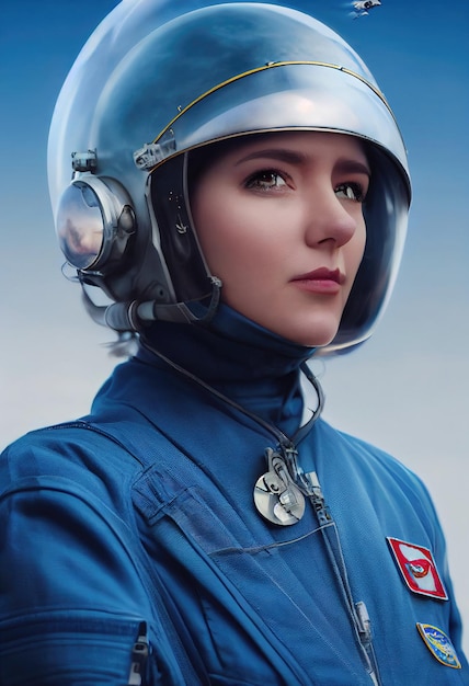 Retrato de um piloto feminino futurista fictício em um capacete de aviação e terno de piloto