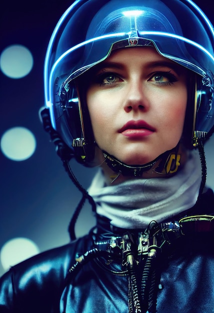Retrato de um piloto feminino futurista fictício em um capacete de aviação e terno de piloto