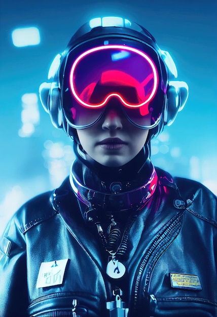 Retrato de um piloto feminino futurista fictício em um capacete de aviação e terno de piloto