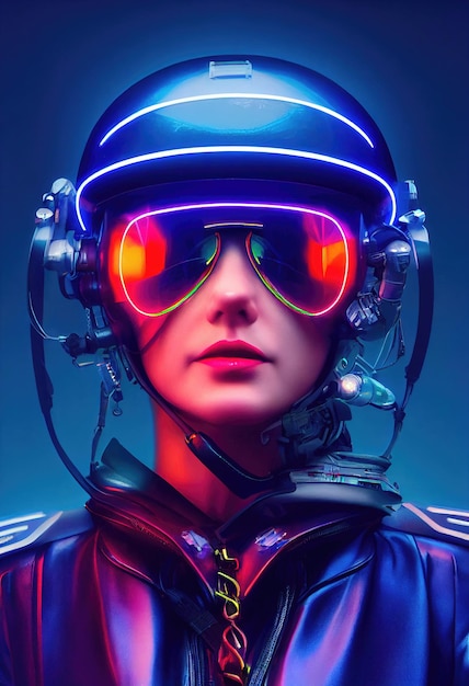 Retrato de um piloto feminino futurista fictício em um capacete de aviação e terno de piloto