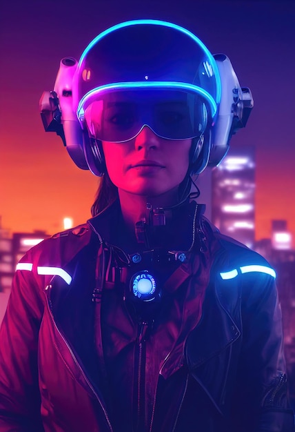 Retrato de um piloto feminino futurista fictício em um capacete de aviação e terno de piloto