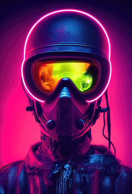 Retrato de um piloto futurista fictício em um capacete de aviação e terno de piloto