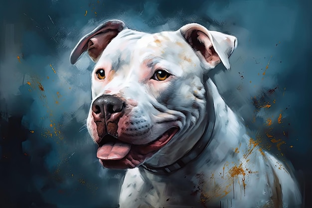 Retrato de um pitbull branco amigável e adorável em carmesim claro e cores azuis Generative AI