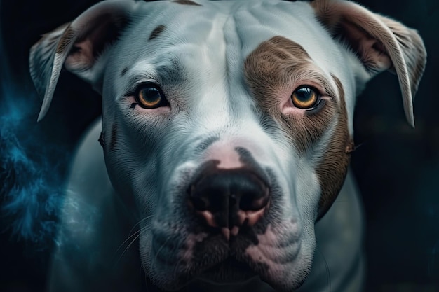 Retrato de um pitbull branco amigável e adorável em carmesim claro e cores azuis Generative AI