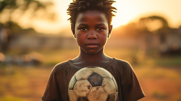 Retrato de um pobre mendigo, um menino negro africano feliz com uma bola de futebol nas mãos.