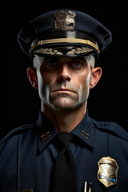 Retrato de um policial em um tiro de estúdio de fundo preto