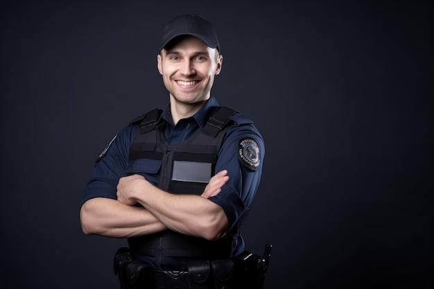 Foto retrato de um policial sorridente em uniforme com seus braços akimbo