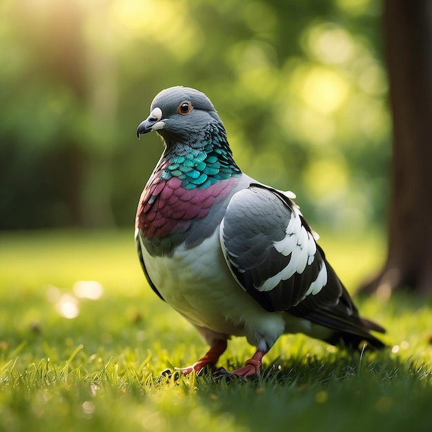 Foto retrato de um pombo de rua contra um fundo verde