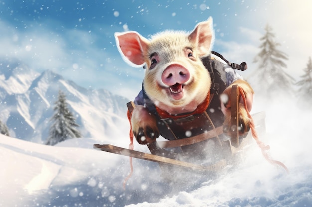 Retrato de um porco bonito montando um trenó contra uma paisagem coberta de neve