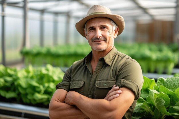 Foto retrato de um produtor de legumes trabalhando em uma grande estufa industrial cultivando legumes e ervas agricultor