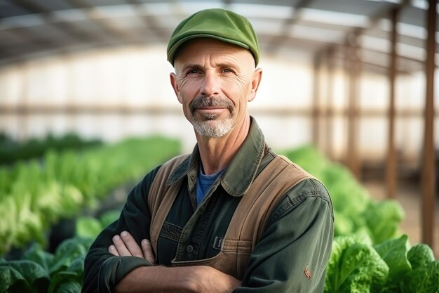 Foto retrato de um produtor de legumes trabalhando em uma grande estufa industrial cultivando legumes e ervas agricultor