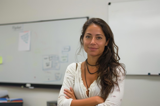 Retrato de um professor de latim posando olhando para a câmera na sala de aula com fundo de quadro branco IA geradora