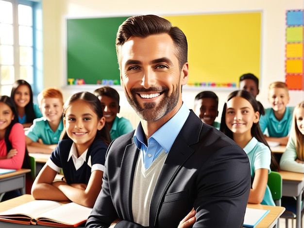 Retrato de um professor sorridente em uma turma de escola primária olhando para a câmera com o aprendizado