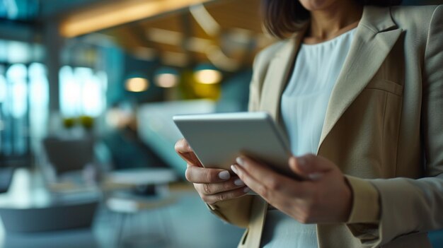 Foto retrato de um profissional usando um tablet em uma estação de trabalho de escritório moderna