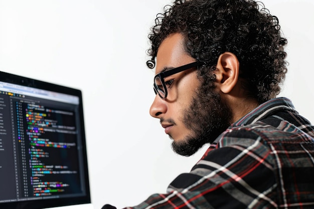 Foto retrato de um programador de computador talentoso que escreve código limpo e eficiente para construir aplicativos de software