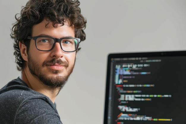 Retrato de um programador de computador talentoso que escreve código limpo e eficiente para construir aplicativos de software