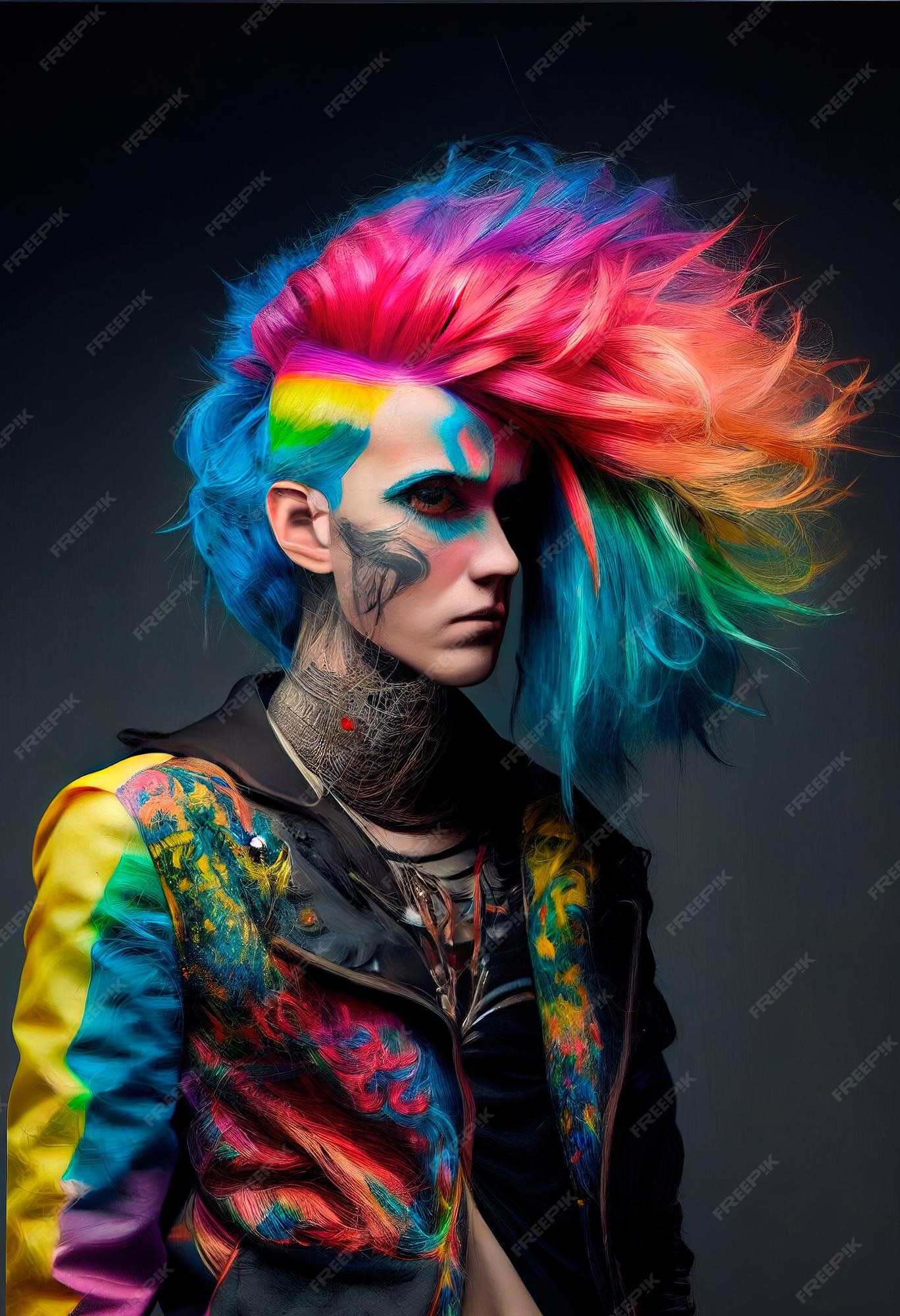 Retrato de um punk com cabelo colorido homem hipster com cabelo