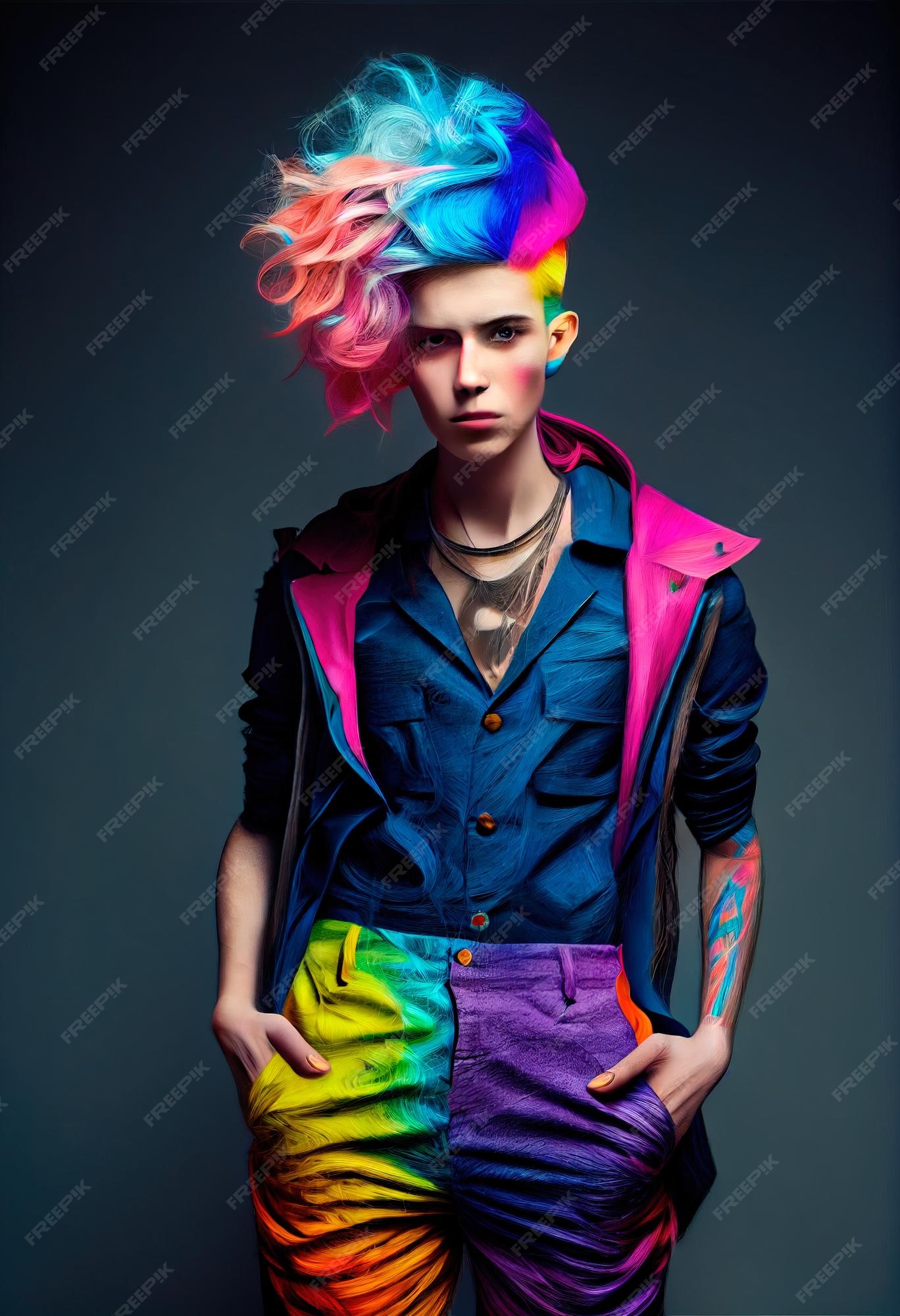 Retrato de um punk com cabelo colorido homem hipster com cabelo