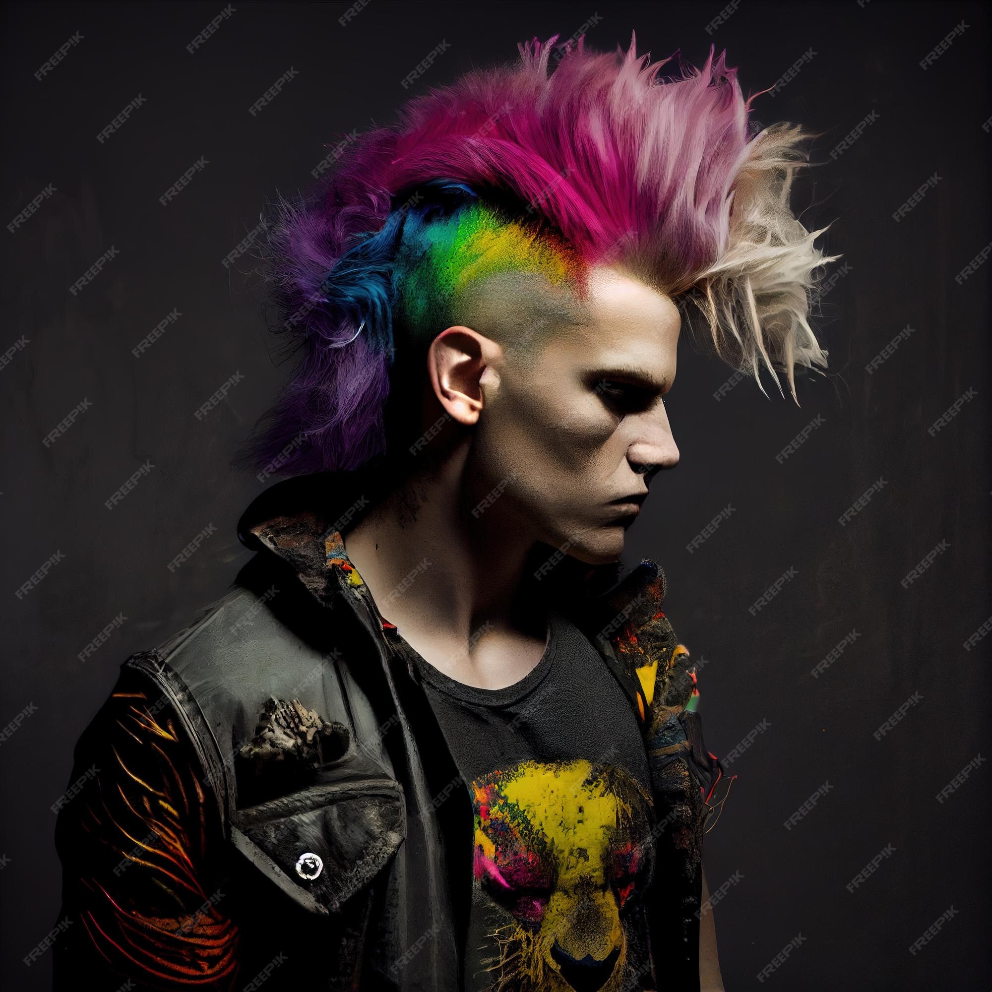 Retrato de um punk com cabelo colorido homem hipster com cabelo