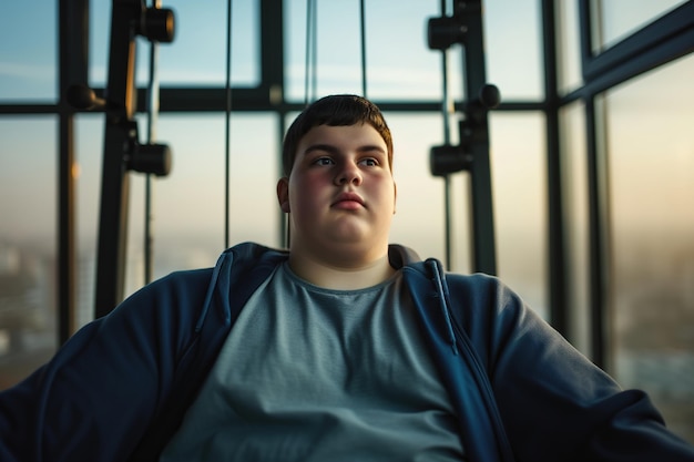 Retrato de um rapaz gordo e simpático no ginásio.