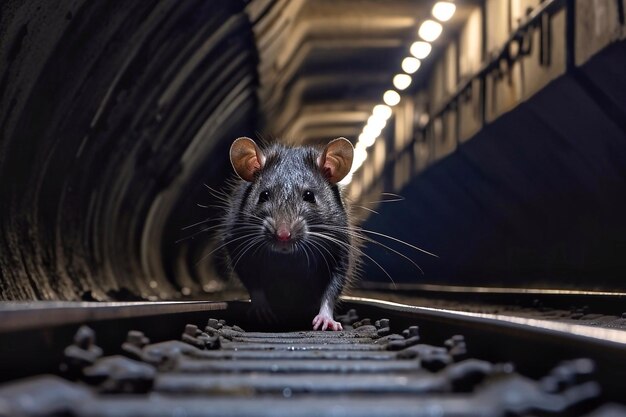 Retrato de um rato cinzento em um túnel escuro