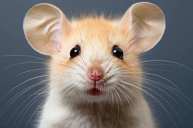 Retrato de um rato fofo com orelhas grandes e bigodes longos olhando para a câmera