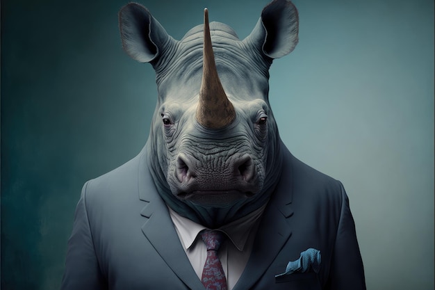 Retrato de um rinoceronte vestido com um terno formal Generative AI
