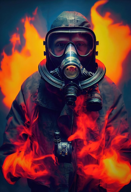 Retrato de um sobrevivente perseguidor em hazmat e usando uma máscara de gás velha contra um pano de fundo apocalíptico