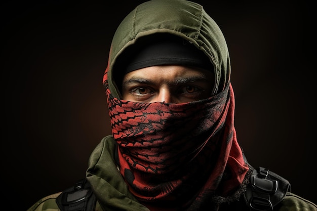 Retrato de um soldado com máscara vermelho-verde, um guerrilheiro palestino em um fundo preto olhando para a câmera