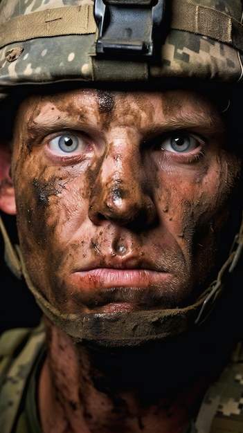 Retrato de um soldado com rosto sujo em uniforme militar