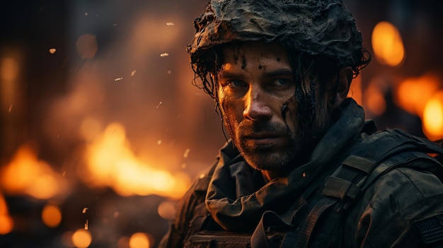 Retrato de um soldado contra uma cidade em guerra