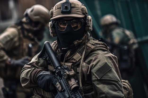 Retrato de um soldado das forças especiais com rifle de assalto na rua Special Forces Military Unit em Full Tactical Gear AI Generated