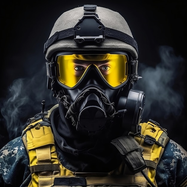 Retrato de um soldado das forças especiais em máscara de olho amarelo o conceito de unidades militares generative ai