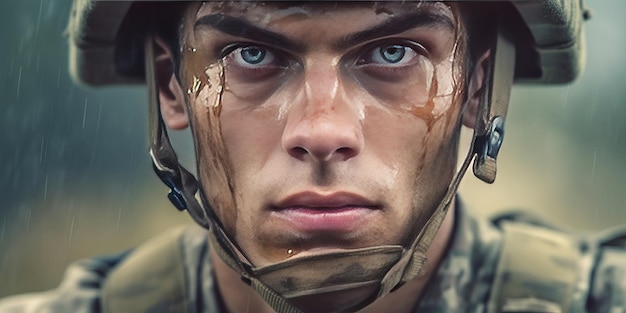 Retrato de um soldado do exército europeu nas fileiras com foco seletivo humano aprimorado