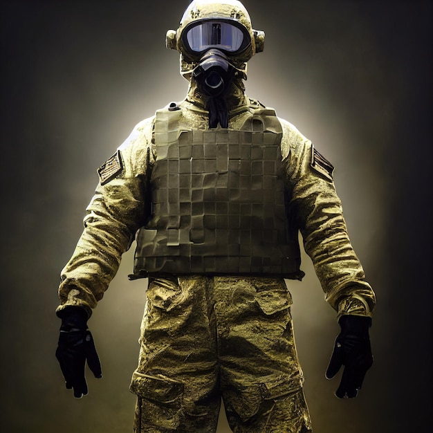 Retrato de um soldado em uma velha máscara de gás
