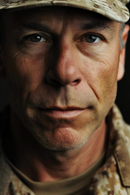 Retrato de um soldado em uniforme militar em close-up