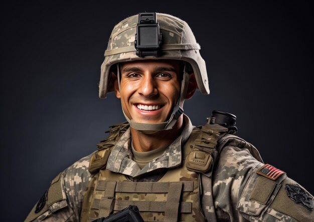 Foto retrato de um soldado feliz, sorridente e confiante.