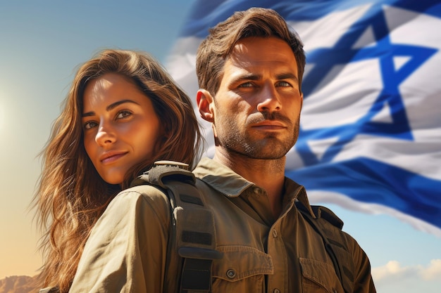 Retrato de um soldado israelense homem e mulher em uniforme militar em um fundo de bandeira israelense branco e azul Conceito de patriotismo defesa da pátria Dia ensolarado Copiar espaço
